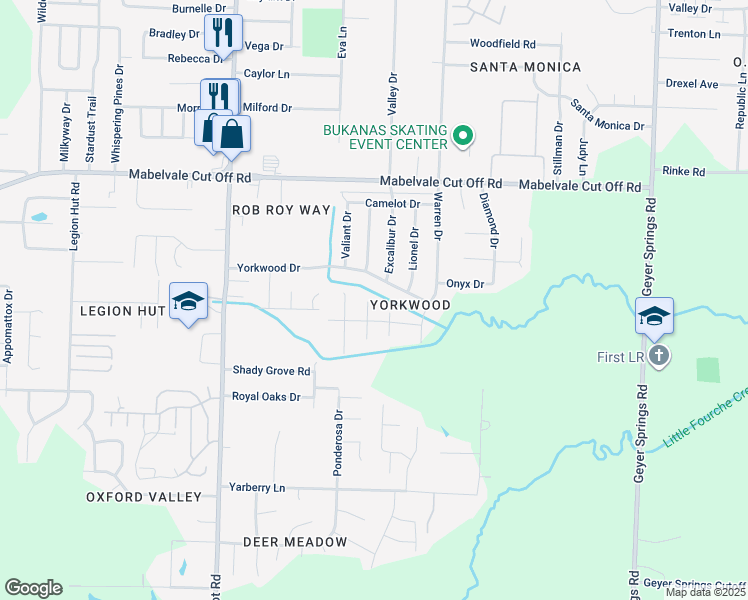 map of restaurants, bars, coffee shops, grocery stores, and more near 10907 Lancelot Court in Little Rock