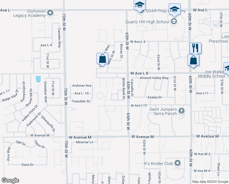 map of restaurants, bars, coffee shops, grocery stores, and more near 6553 Highbluff Way in Lancaster