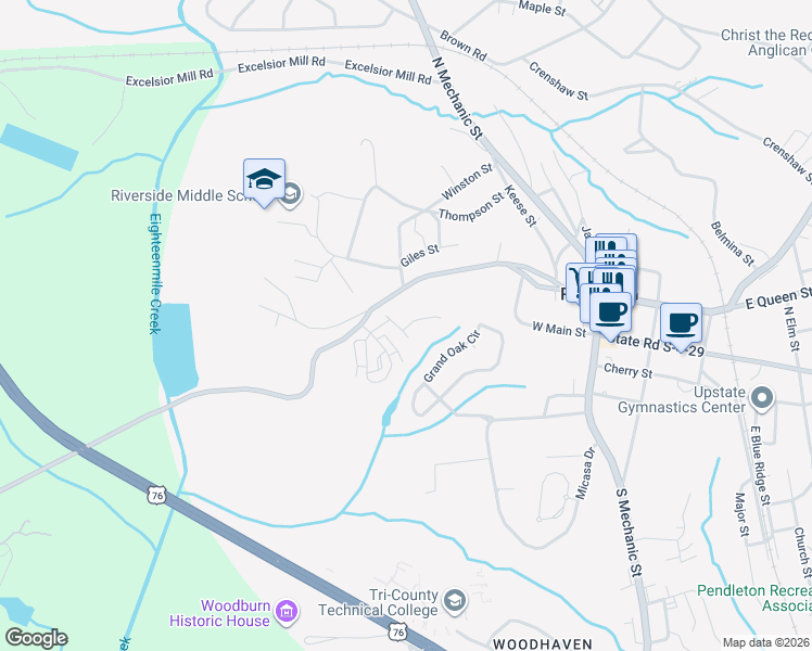 map of restaurants, bars, coffee shops, grocery stores, and more near 170 Grand Oak Circle in Pendleton