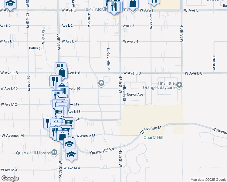 map of restaurants, bars, coffee shops, grocery stores, and more near 42317 45th Street West in Lancaster