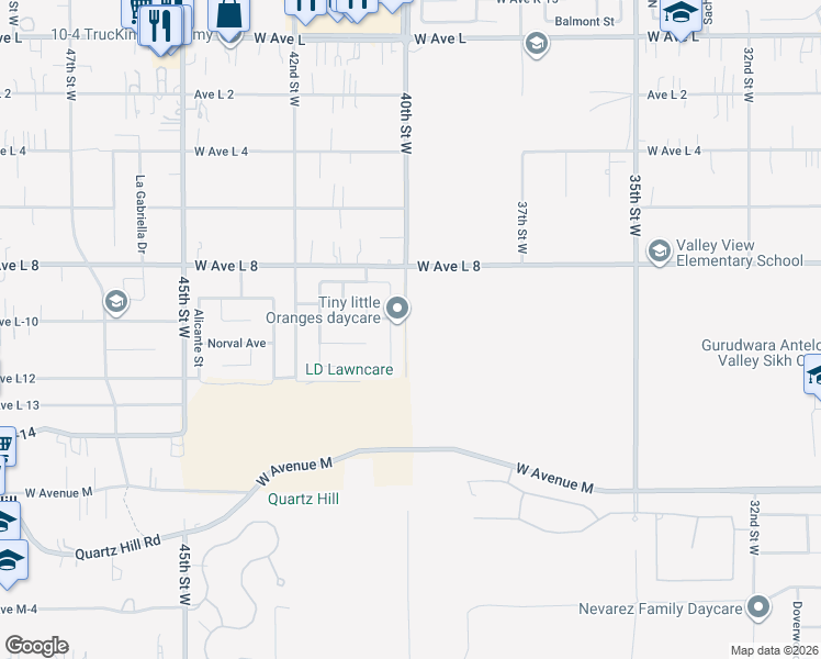 map of restaurants, bars, coffee shops, grocery stores, and more near 40th Street West in Lancaster