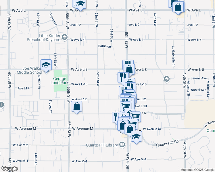 map of restaurants, bars, coffee shops, grocery stores, and more near 5105 West Avenue L-10 in Lancaster