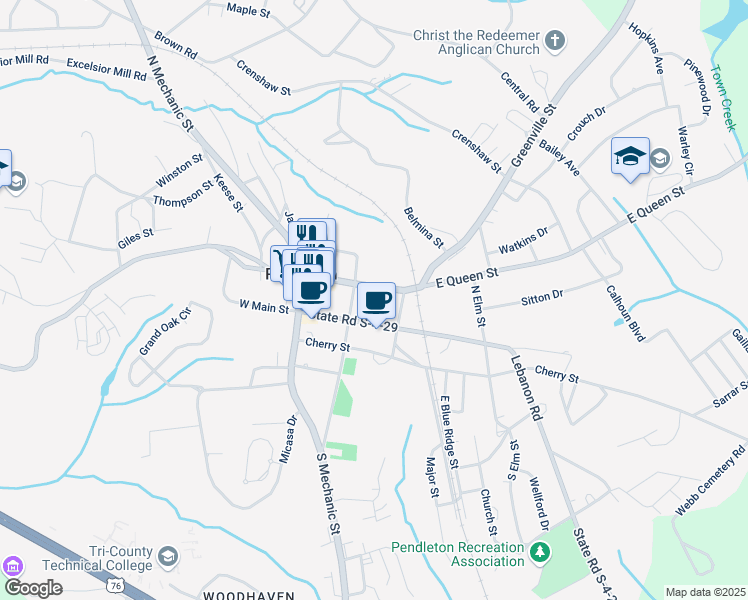 map of restaurants, bars, coffee shops, grocery stores, and more near 229 East Queen Street in Pendleton