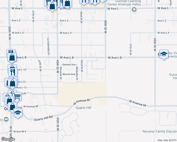 map of restaurants, bars, coffee shops, grocery stores, and more near 42250 Klamath Lane in Lancaster