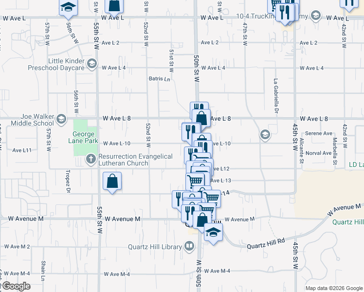 map of restaurants, bars, coffee shops, grocery stores, and more near 5038 West Avenue L-10 in Quartz Hill