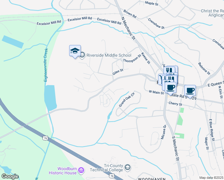 map of restaurants, bars, coffee shops, grocery stores, and more near 503 West Queen Street in Pendleton