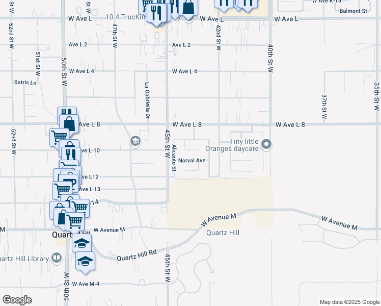 map of restaurants, bars, coffee shops, grocery stores, and more near 4256 Serene Avenue in Quartz Hill