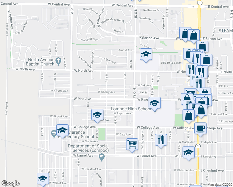 map of restaurants, bars, coffee shops, grocery stores, and more near 920 West Cherry Avenue in Lompoc