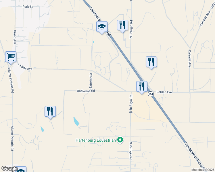 map of restaurants, bars, coffee shops, grocery stores, and more near 2497-2901 Roblar Avenue in Santa Ynez