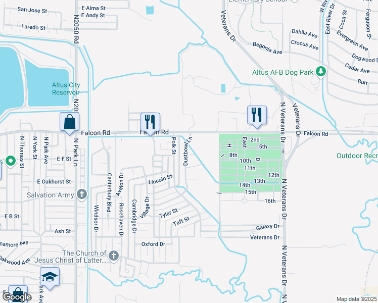 map of restaurants, bars, coffee shops, grocery stores, and more near 2101 Buffalo Lane in Altus