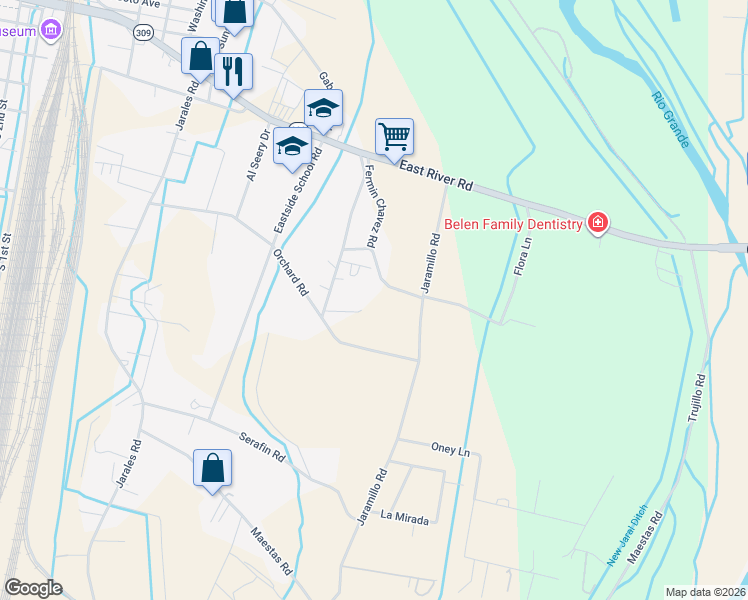 map of restaurants, bars, coffee shops, grocery stores, and more near 40 Fermin Chavez Road in Belen