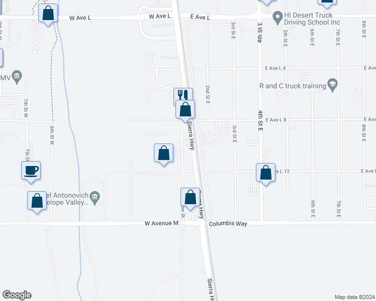 map of restaurants, bars, coffee shops, grocery stores, and more near 42247 Sierra Highway in Lancaster