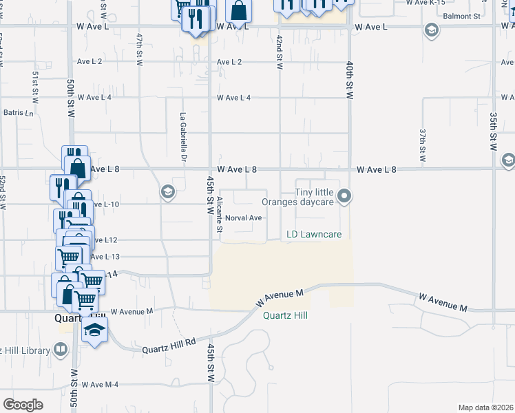 map of restaurants, bars, coffee shops, grocery stores, and more near 4302 Olivera Place in Lancaster