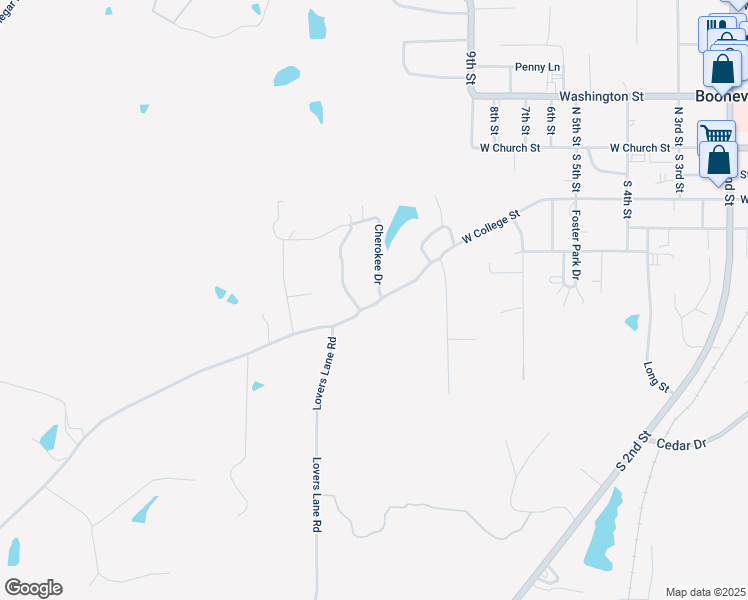 map of restaurants, bars, coffee shops, grocery stores, and more near 101 Cherokee Drive in Booneville