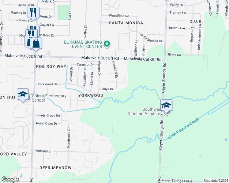 map of restaurants, bars, coffee shops, grocery stores, and more near 6504 Onyx Drive in Little Rock