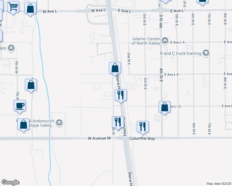 map of restaurants, bars, coffee shops, grocery stores, and more near 42251 Sierra Highway in Lancaster