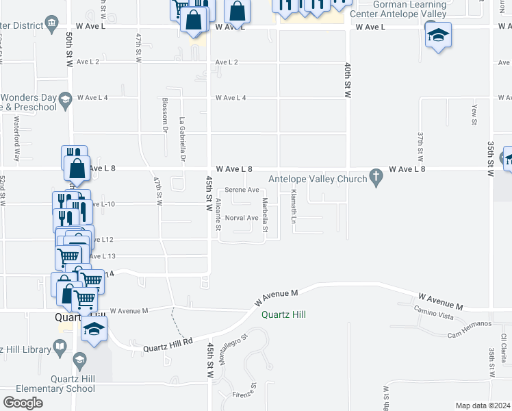 map of restaurants, bars, coffee shops, grocery stores, and more near 4302 Olivera Place in Lancaster