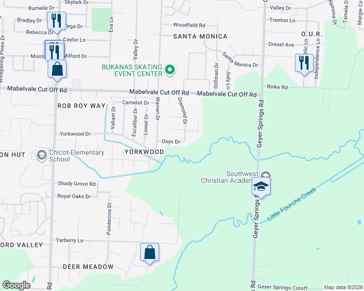 map of restaurants, bars, coffee shops, grocery stores, and more near 6504 Onyx Drive in Little Rock