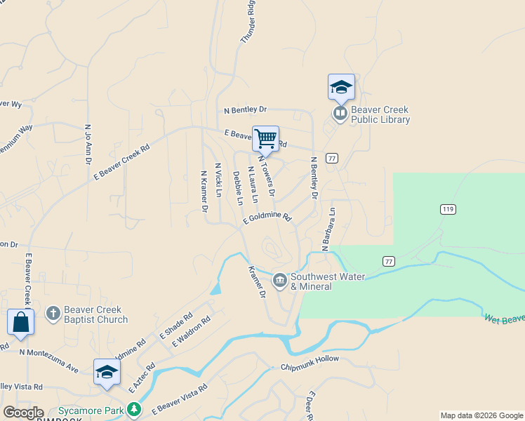 map of restaurants, bars, coffee shops, grocery stores, and more near 5635 North Laura Lane in Lake Montezuma