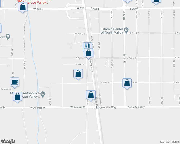 map of restaurants, bars, coffee shops, grocery stores, and more near 42251 Sierra Highway in Lancaster