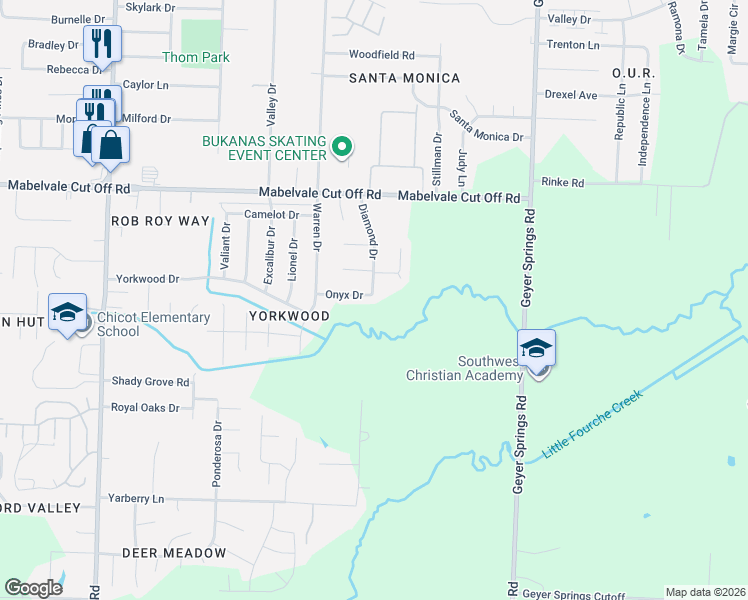 map of restaurants, bars, coffee shops, grocery stores, and more near 6504 Onyx Drive in Little Rock