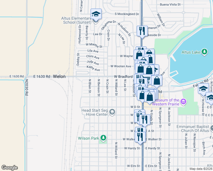 map of restaurants, bars, coffee shops, grocery stores, and more near 1312 North Crain Street in Altus