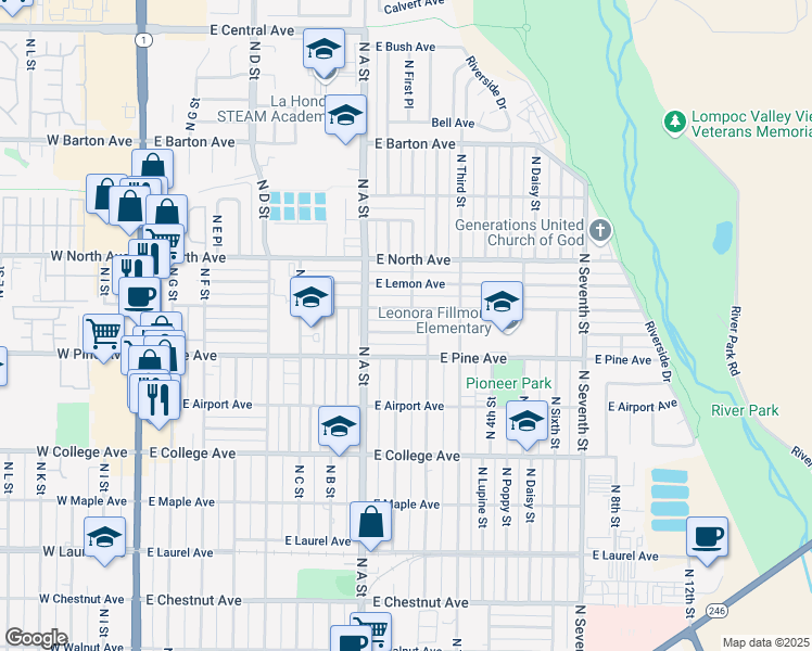 map of restaurants, bars, coffee shops, grocery stores, and more near 912 East Oak Avenue in Lompoc