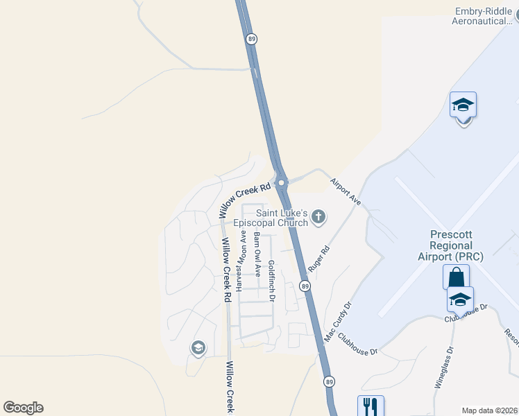 map of restaurants, bars, coffee shops, grocery stores, and more near 1424 Amethyst Lane in Prescott