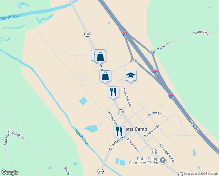 map of restaurants, bars, coffee shops, grocery stores, and more near Church Avenue in Potts Camp
