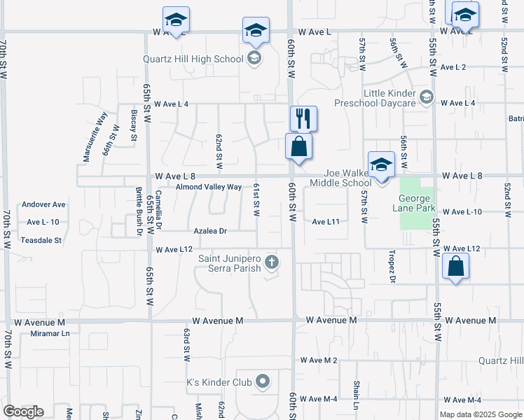 map of restaurants, bars, coffee shops, grocery stores, and more near 42330 61st Street West in Quartz Hill