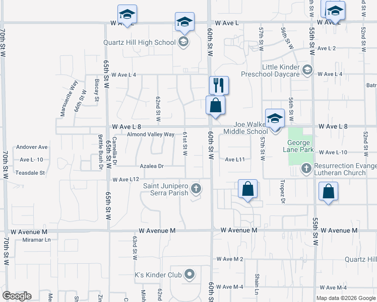 map of restaurants, bars, coffee shops, grocery stores, and more near 42330 61st Street West in Quartz Hill