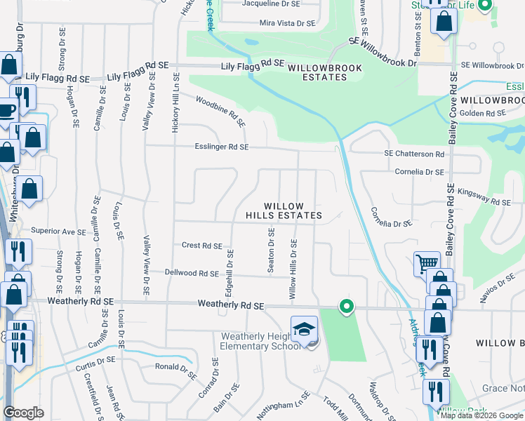 map of restaurants, bars, coffee shops, grocery stores, and more near 806 Argonne Terrace Southeast in Huntsville