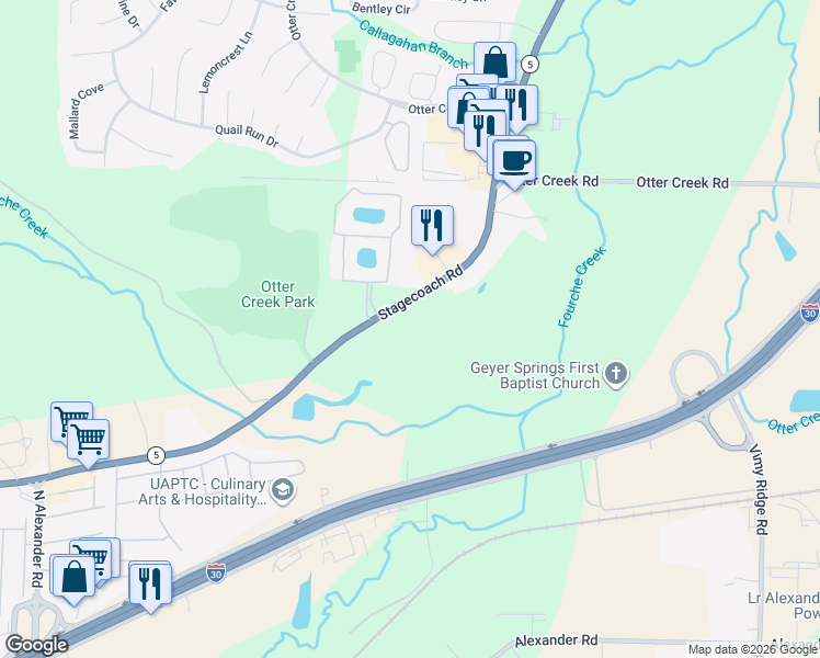 map of restaurants, bars, coffee shops, grocery stores, and more near 11004 Stagecoach Road in Little Rock