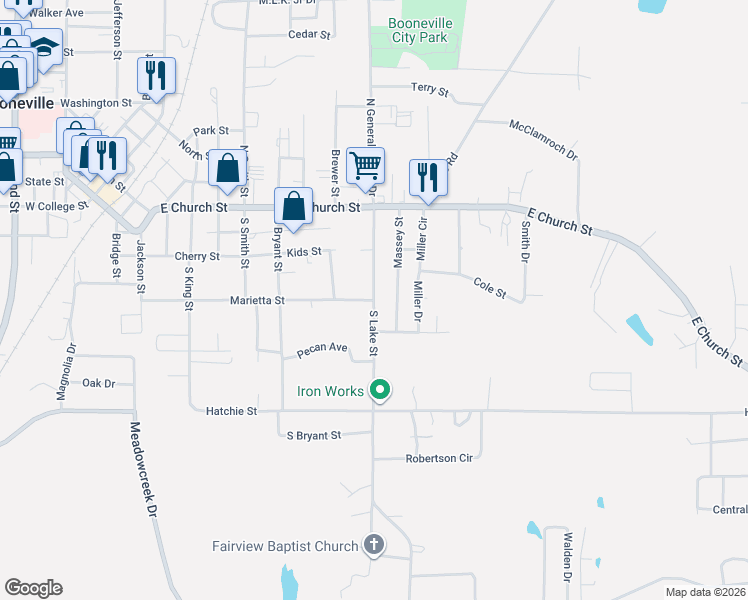 map of restaurants, bars, coffee shops, grocery stores, and more near 198 South Lake Street in Booneville