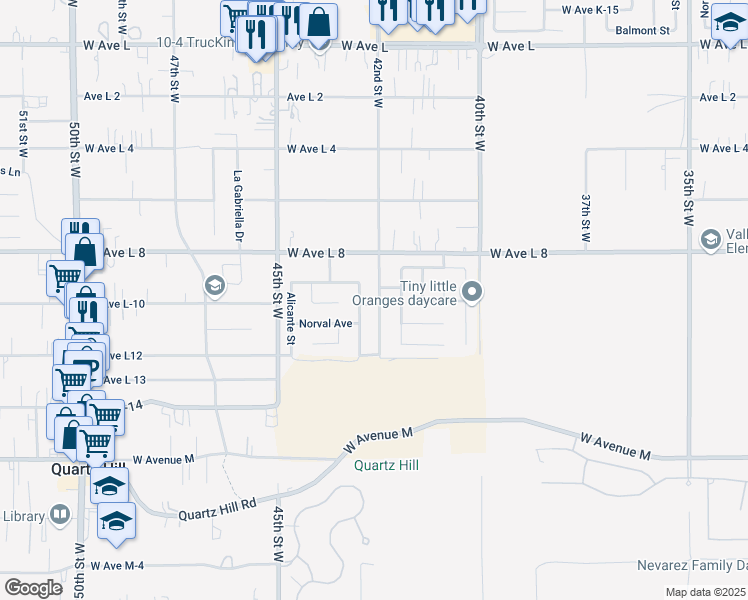 map of restaurants, bars, coffee shops, grocery stores, and more near 42311 42nd Street West in Lancaster