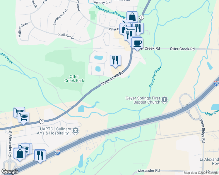 map of restaurants, bars, coffee shops, grocery stores, and more near 11004 Stagecoach Road in Little Rock
