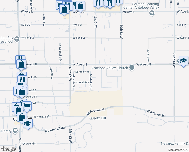 map of restaurants, bars, coffee shops, grocery stores, and more near 42303 42nd Street West in Lancaster