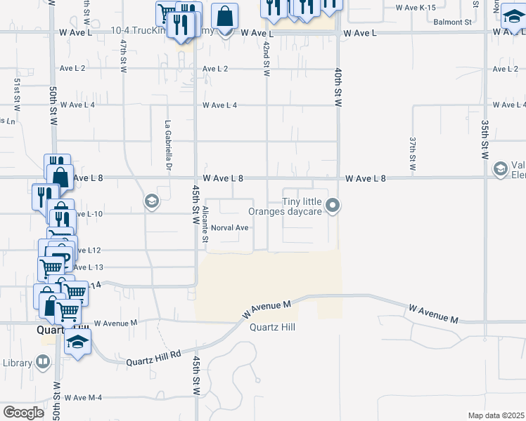 map of restaurants, bars, coffee shops, grocery stores, and more near 42303 42nd Street West in Lancaster