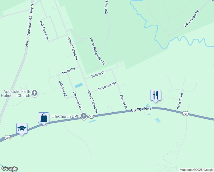 map of restaurants, bars, coffee shops, grocery stores, and more near Scrub Oak Road in Bladen County