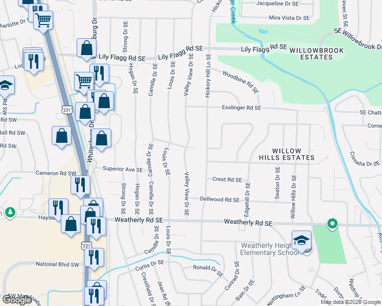 map of restaurants, bars, coffee shops, grocery stores, and more near 8705 Valley View Drive Southeast in Huntsville