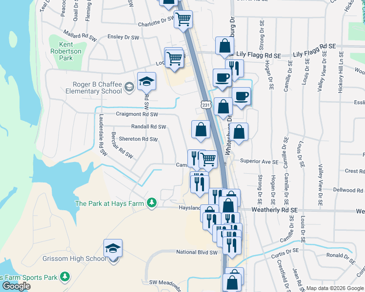 map of restaurants, bars, coffee shops, grocery stores, and more near 9021 Randall Road Southwest in Huntsville