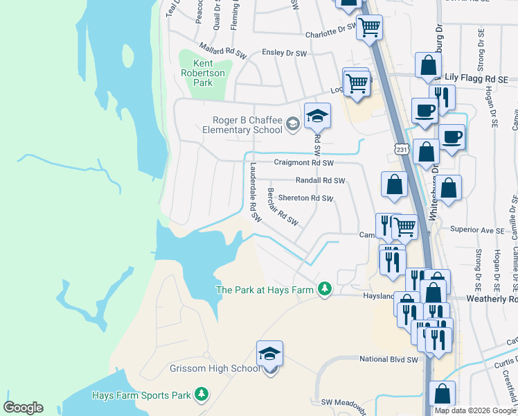 map of restaurants, bars, coffee shops, grocery stores, and more near 9006 Berclair Road Southwest in Huntsville