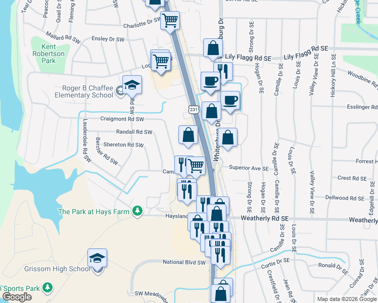 map of restaurants, bars, coffee shops, grocery stores, and more near 8920 Memorial Parkway Southwest in Huntsville