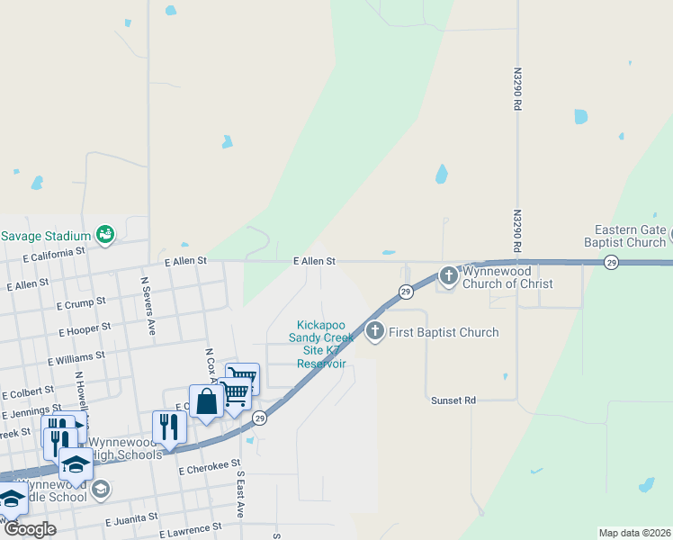 map of restaurants, bars, coffee shops, grocery stores, and more near 1601 East Allen Street in Wynnewood