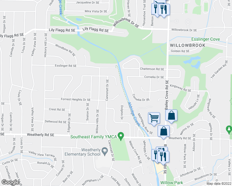 map of restaurants, bars, coffee shops, grocery stores, and more near 912 Forrest Heights Dr SE in Huntsville