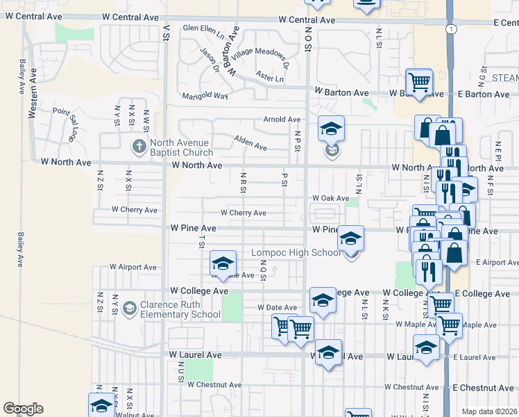 map of restaurants, bars, coffee shops, grocery stores, and more near 1005 West Cherry Avenue in Lompoc