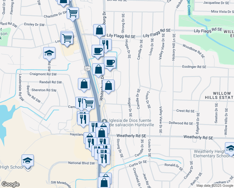 map of restaurants, bars, coffee shops, grocery stores, and more near 8329 White Flagg Lane Southeast in Huntsville