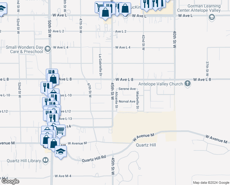 map of restaurants, bars, coffee shops, grocery stores, and more near 42329 Alicante Street in Quartz Hill