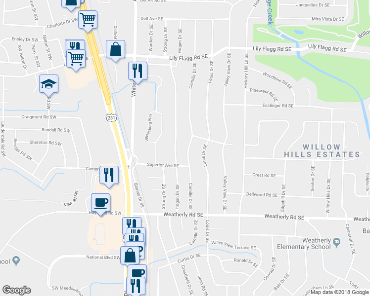 map of restaurants, bars, coffee shops, grocery stores, and more near 8804 Camille Drive Southeast in Huntsville