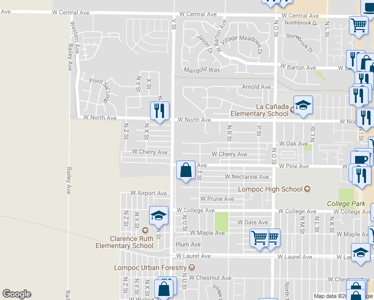 map of restaurants, bars, coffee shops, grocery stores, and more near 1317 West Cherry Avenue in Lompoc